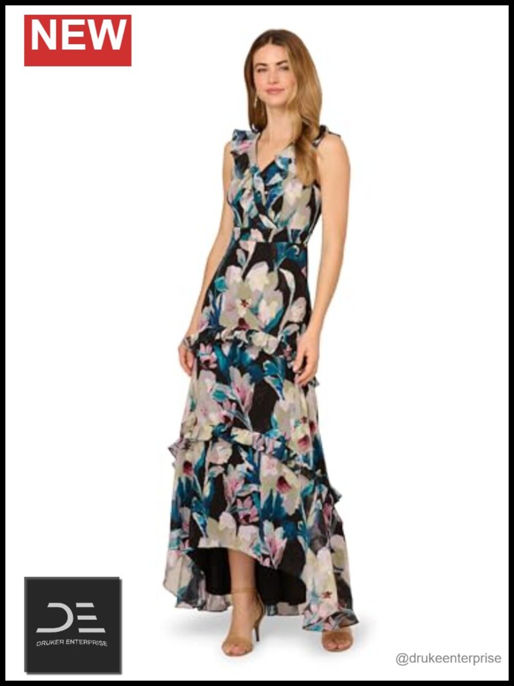 Floral Chiffon Mermaid Gown High Low Ruffle Formal Evening Dress